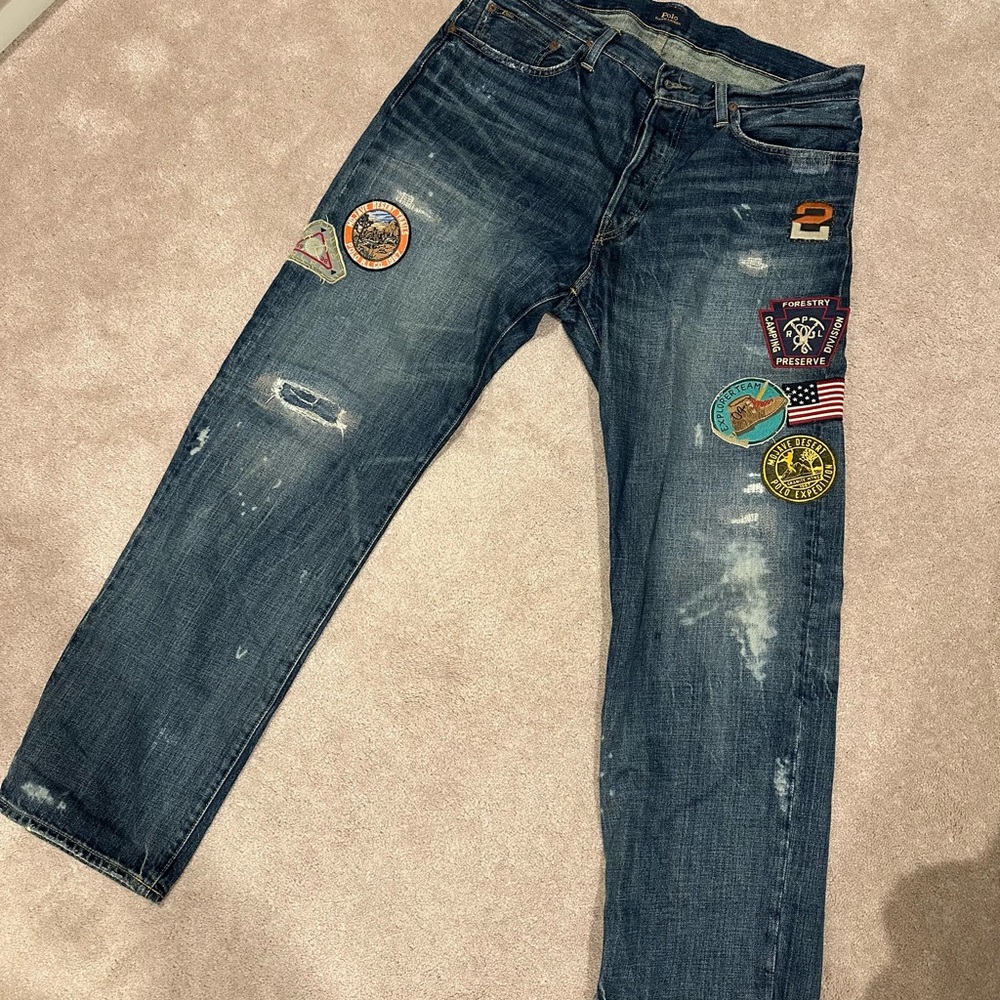 Ralph Lauren Men's Distressed Blue Jeans with Patches